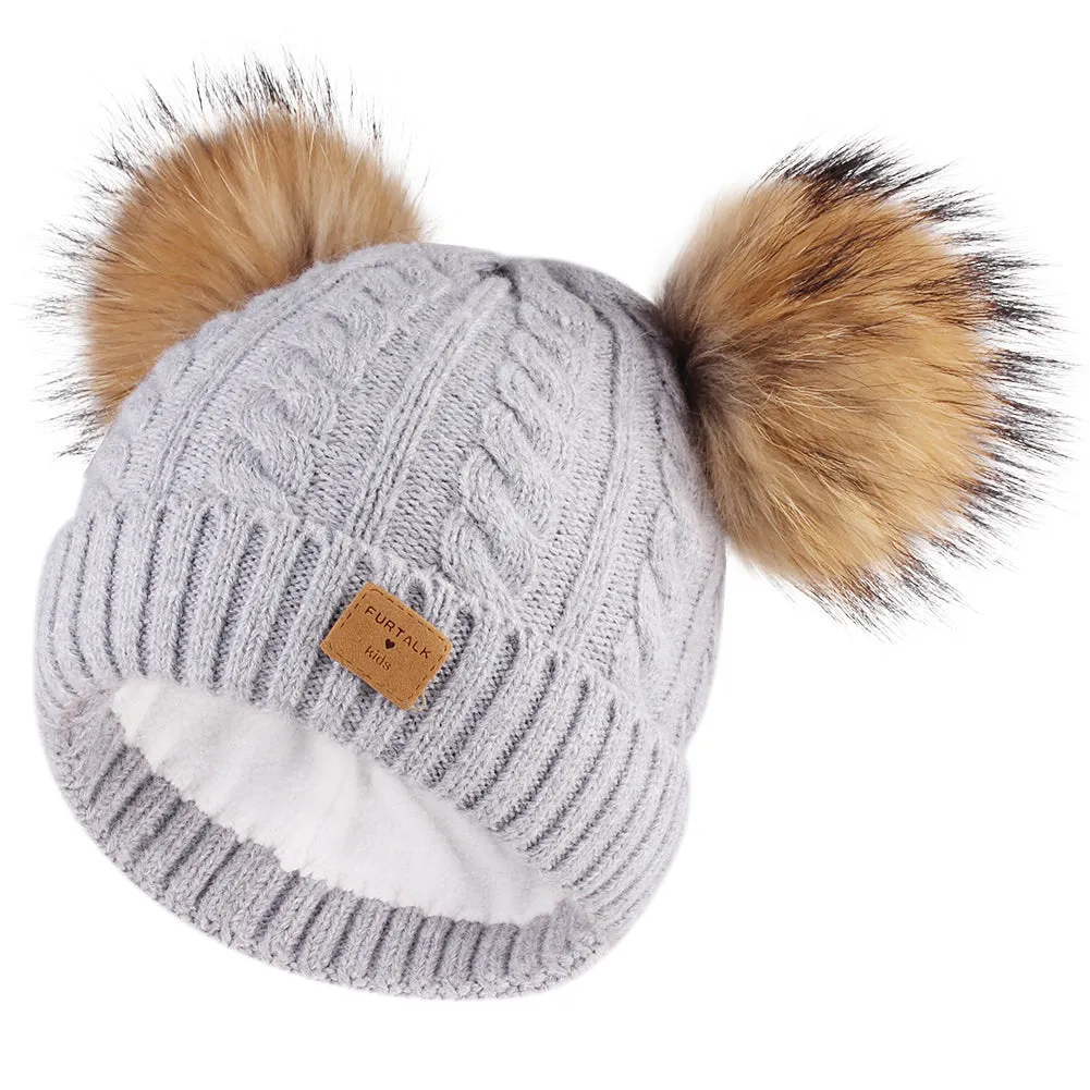 FURTALK Kids Winter Real  Fur Daul Bobble Hat Double Layer  Drop Shipping CH020