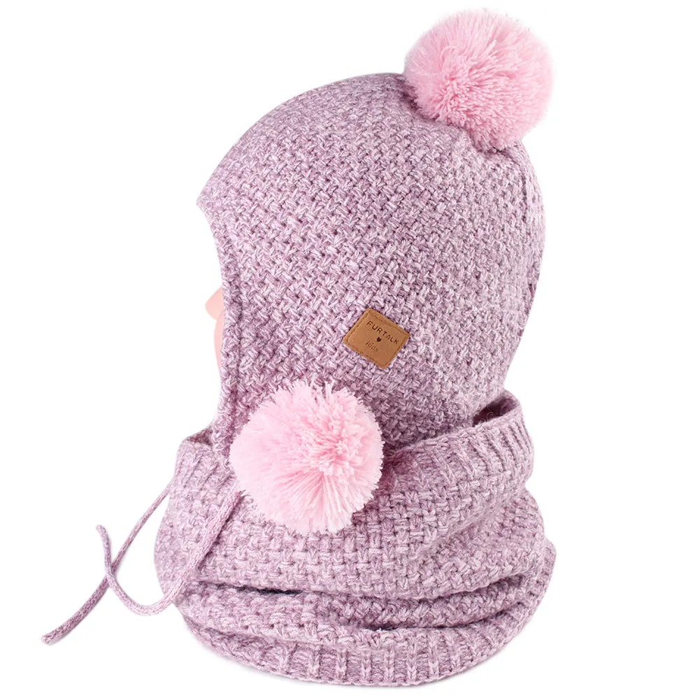 FURTALK Kids Winter Yarn Pom Pom Hat scarf Set Three Poms CH001