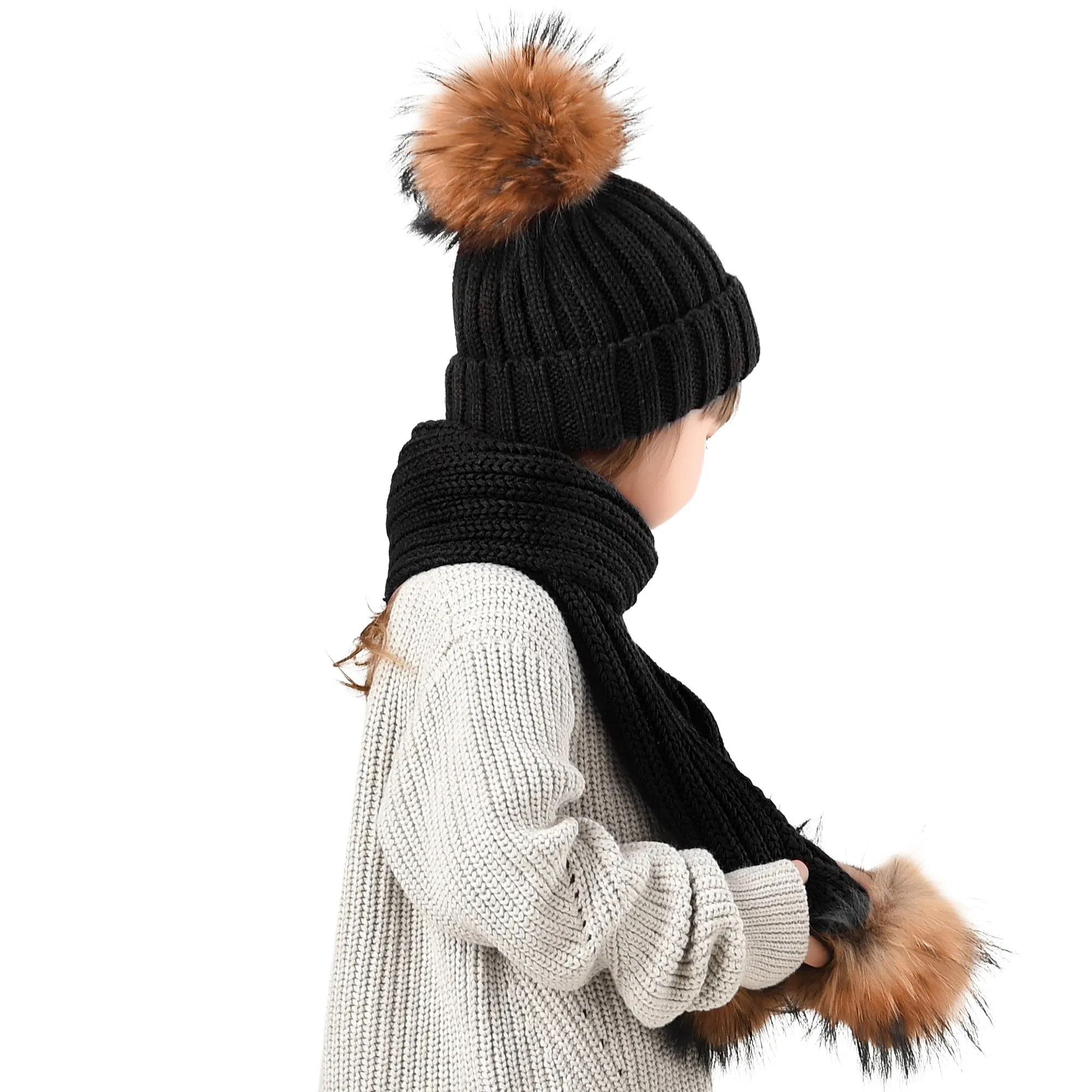 FURTALK Real Raccoon Fur Pom Pom Hat Scarf Set for Kids HTWL029