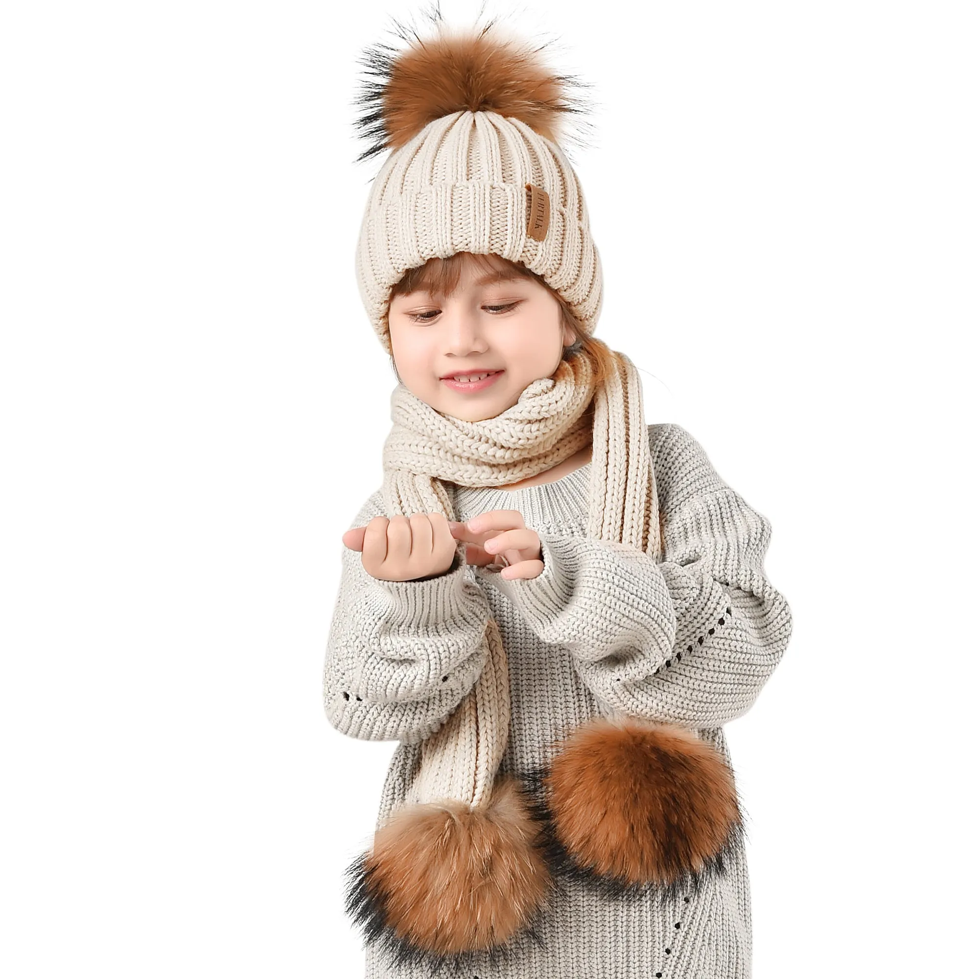 FURTALK Real Raccoon Fur Pom Pom Hat Scarf Set for Kids HTWL029