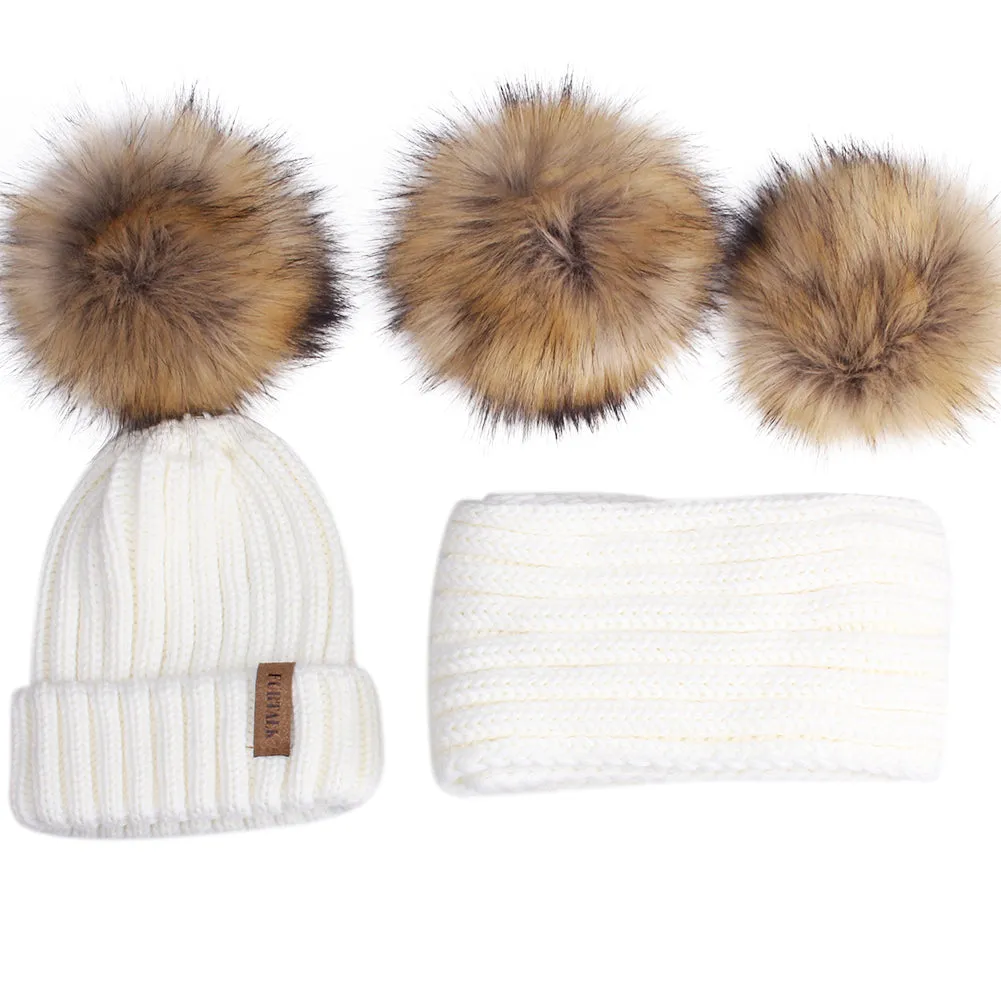 FURTALK Real Raccoon Fur Pom Pom Hat Scarf Set for Kids HTWL029