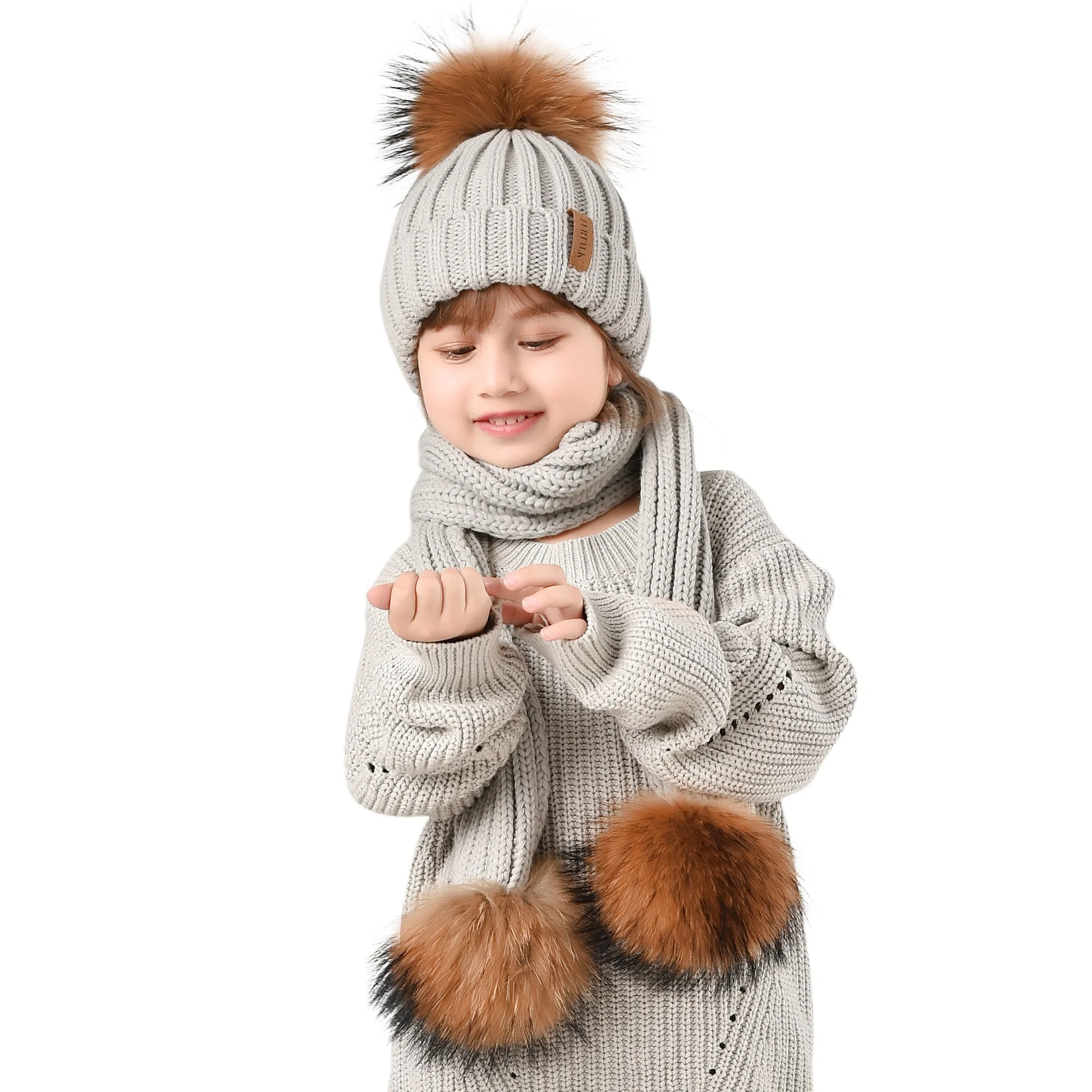 FURTALK Real Raccoon Fur Pom Pom Hat Scarf Set for Kids HTWL029