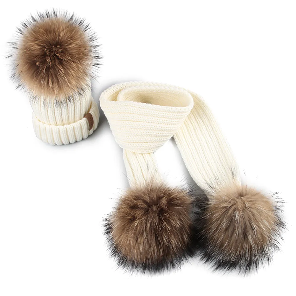 FURTALK Real Raccoon Fur Pom Pom Hat Scarf Set for Kids HTWL029