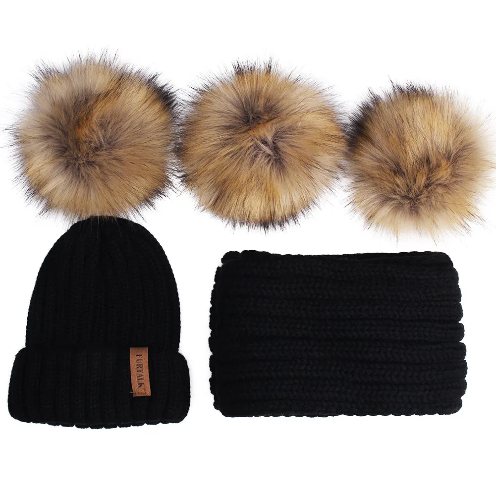 FURTALK Real Raccoon Fur Pom Pom Hat Scarf Set for Kids HTWL029