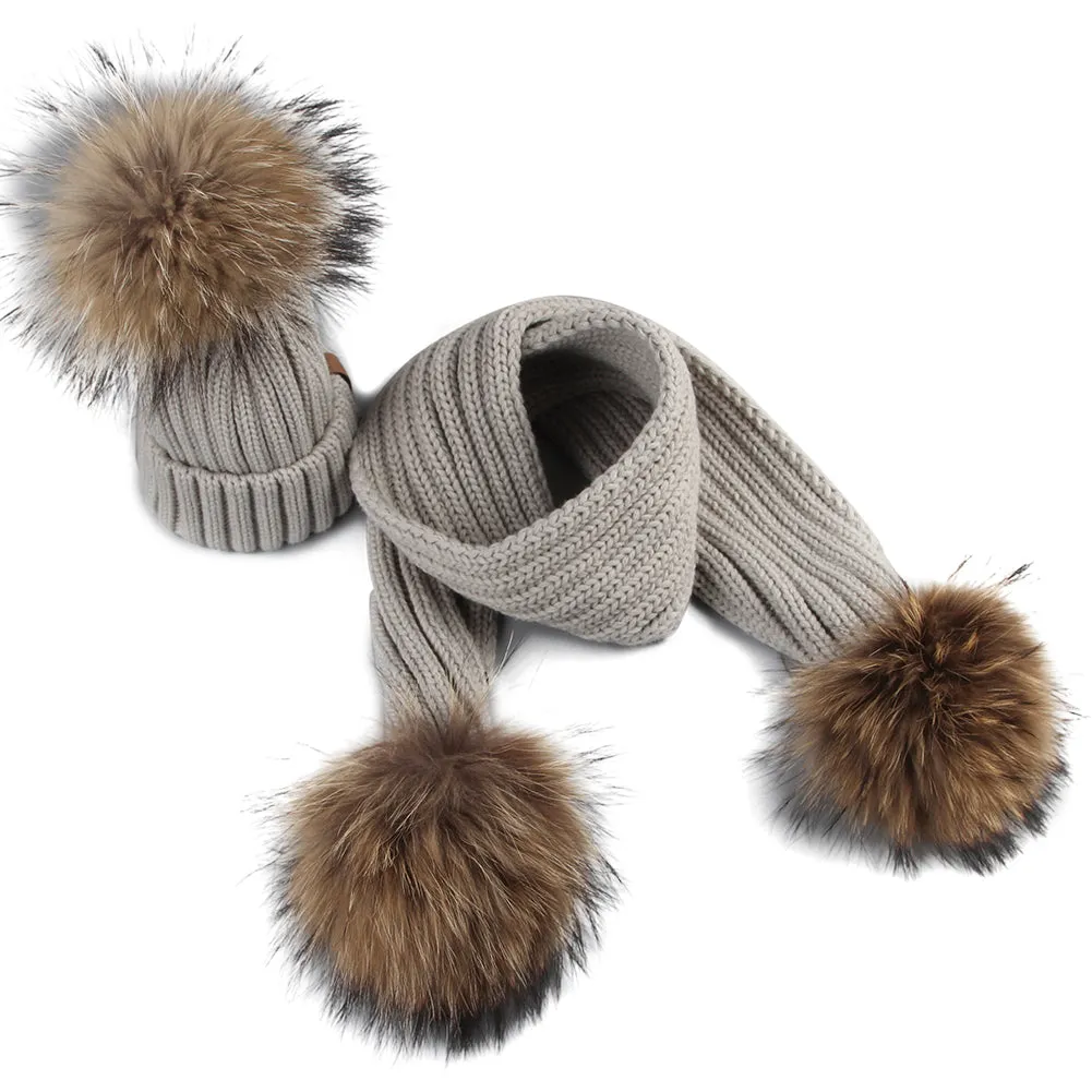 FURTALK Real Raccoon Fur Pom Pom Hat Scarf Set for Kids HTWL029