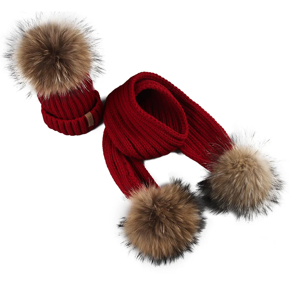 FURTALK Real Raccoon Fur Pom Pom Hat Scarf Set for Kids HTWL029