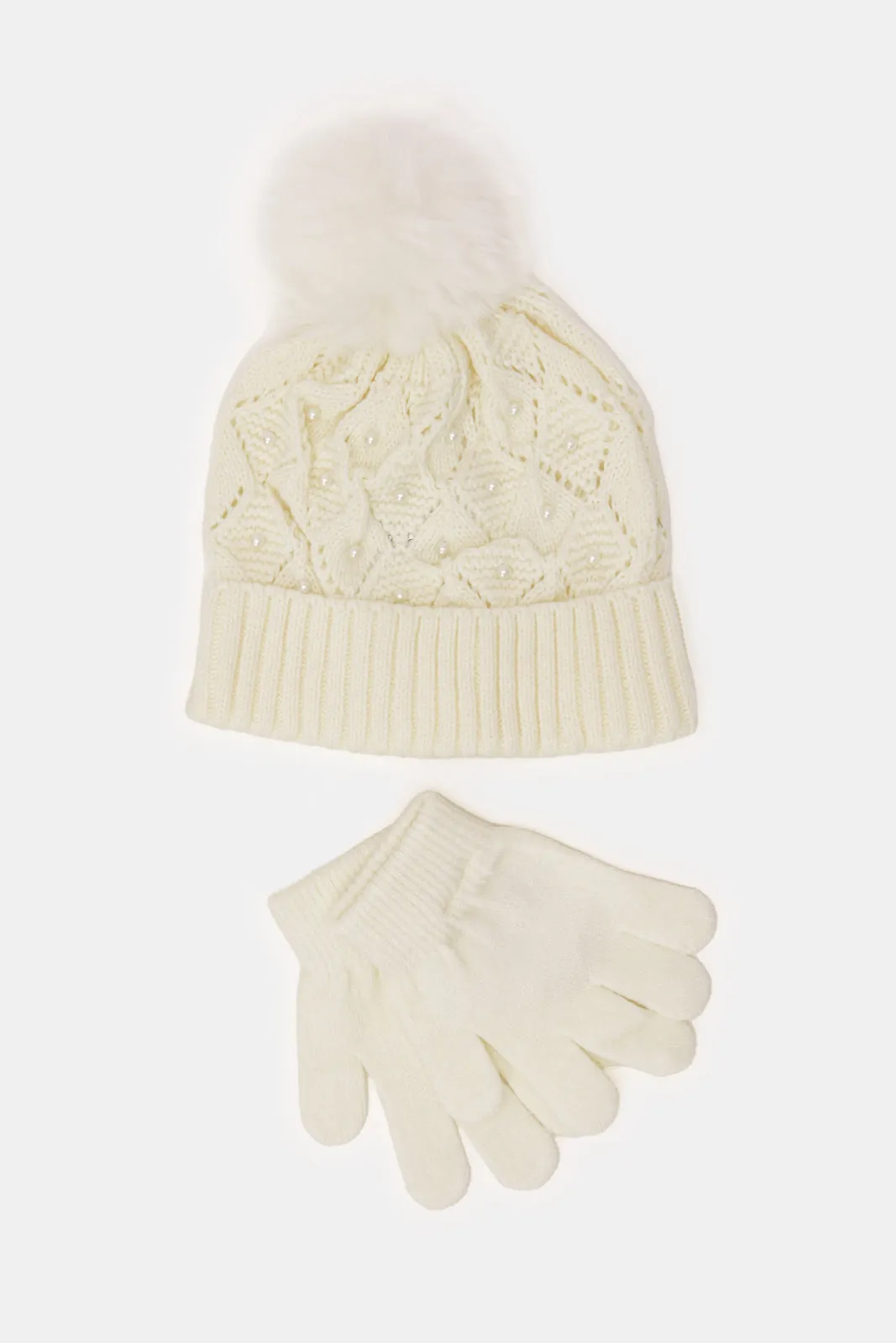 Girls Cream Knitted Cap And Gloves Set (2 Piece)