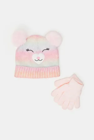 Girls Pink Cat Cap With Gloves Set (Pack Of 2)