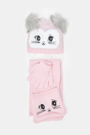 Girls Pink Embellished Scarf Set (3 Piece)