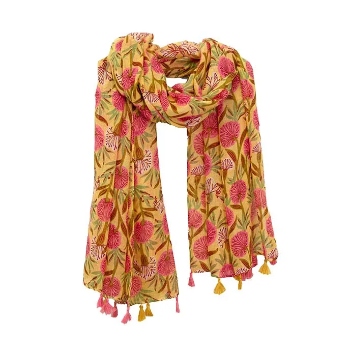 Golden Field of Pink Flowers Tassel Scarf