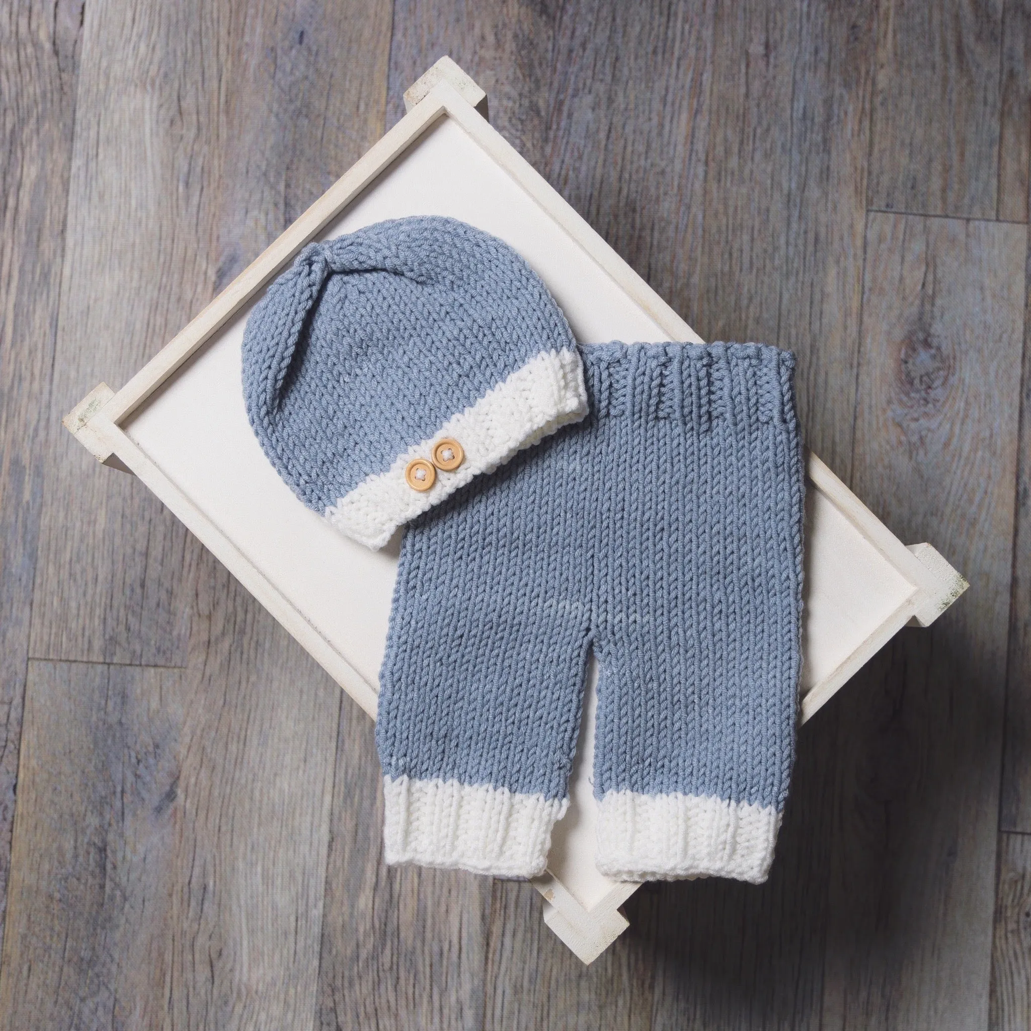 Gray Denim and White Knit Newborn Button Hat and Pants Set