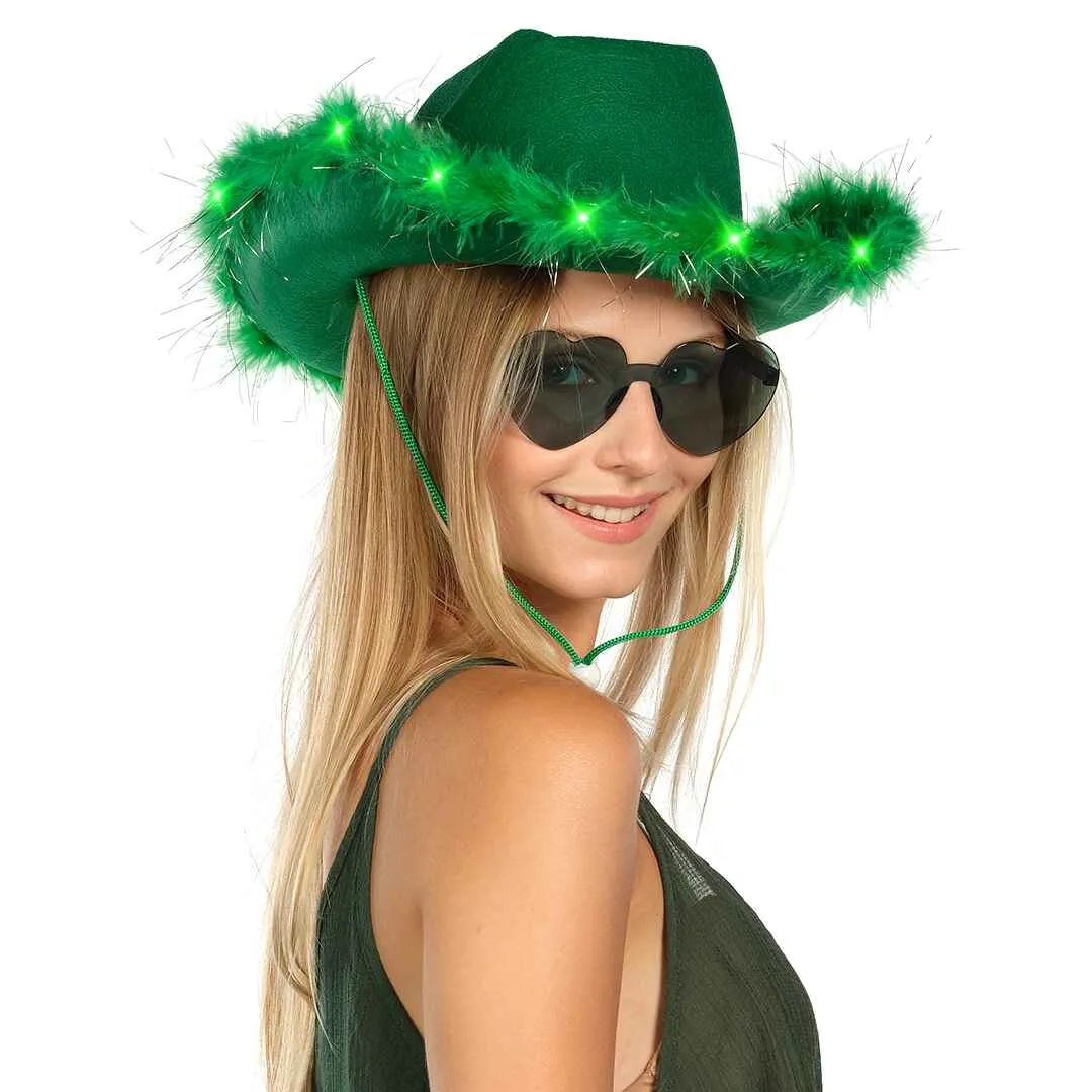 Green Cowgirl Hat with Glasses - Fashionable Halloween Light Up Cowboy Hat - FUNCREDIBLE