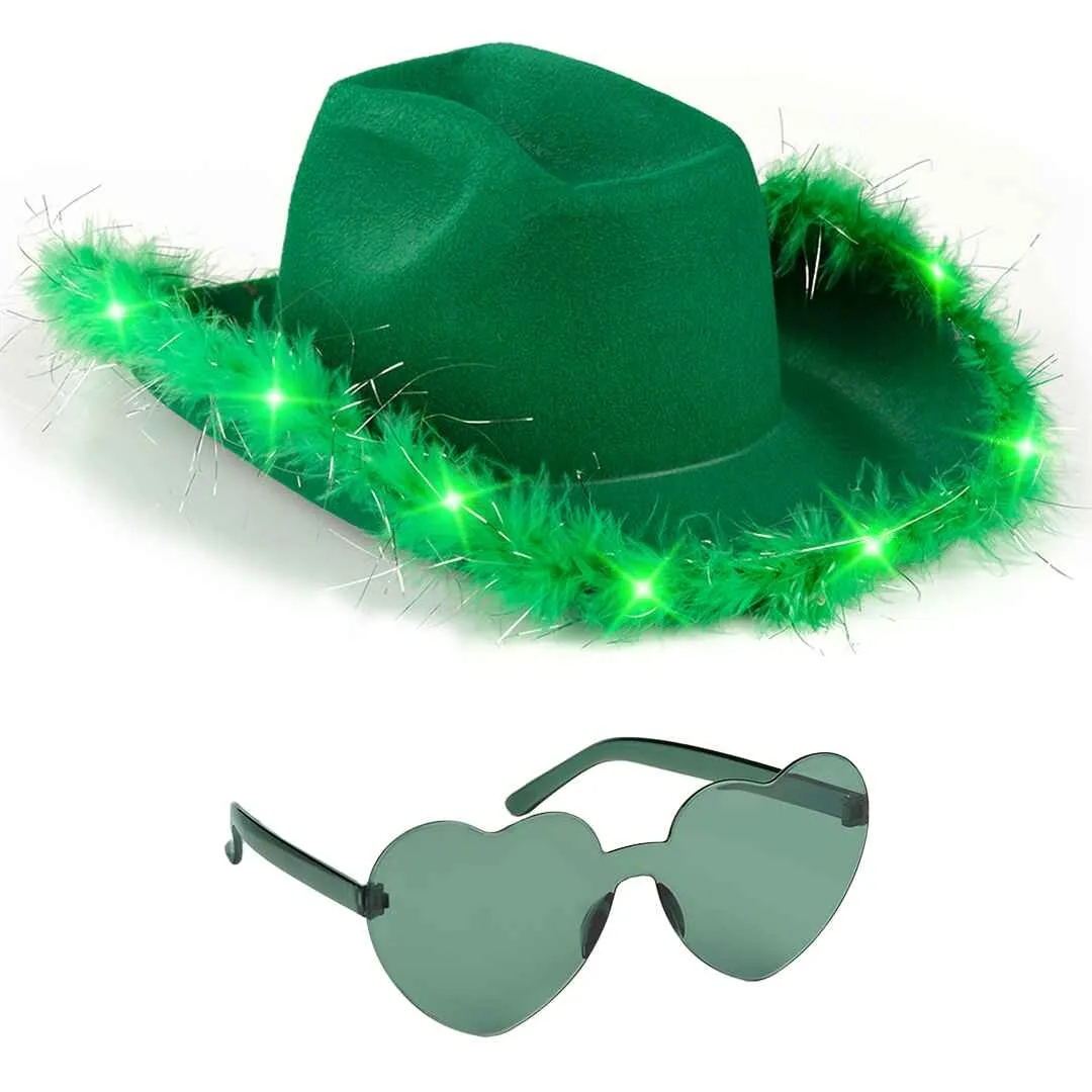 Green Cowgirl Hat with Glasses - Fashionable Halloween Light Up Cowboy Hat - FUNCREDIBLE