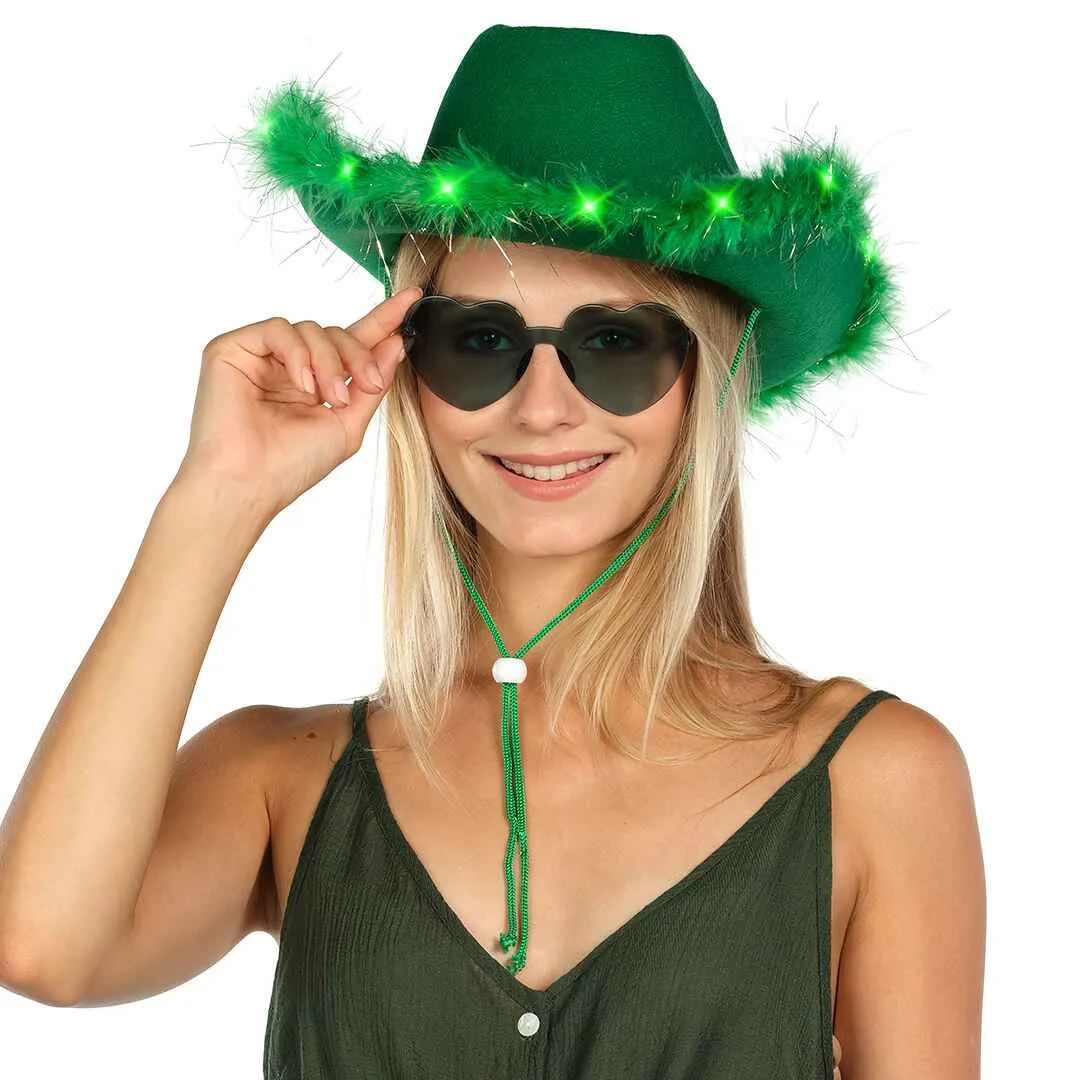 Green Cowgirl Hat with Glasses - Fashionable Halloween Light Up Cowboy Hat - FUNCREDIBLE