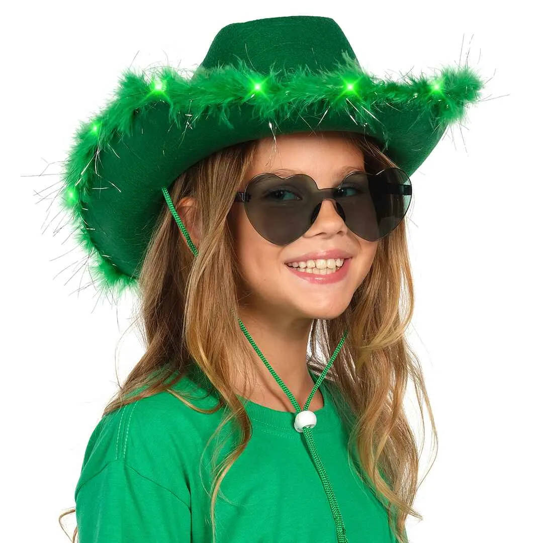 Green Cowgirl Hat with Glasses - Fashionable Halloween Light Up Cowboy Hat - FUNCREDIBLE