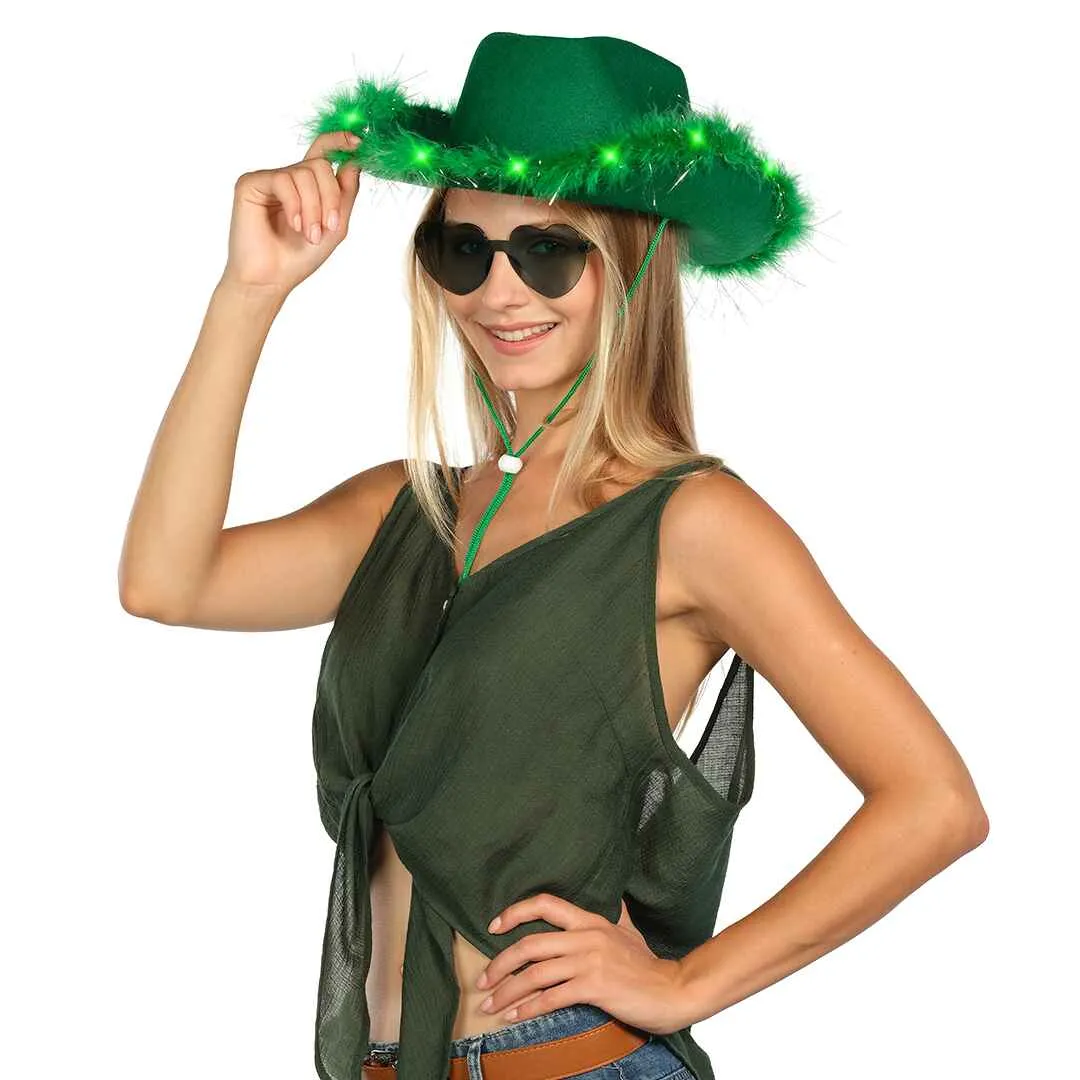 Green Cowgirl Hat with Glasses - Fashionable Halloween Light Up Cowboy Hat - FUNCREDIBLE