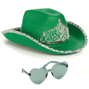 Green Cowgirl Hat with Heart Glasses - Green Cowboy Hat with Tiara Crown - FUNCREDIBLE