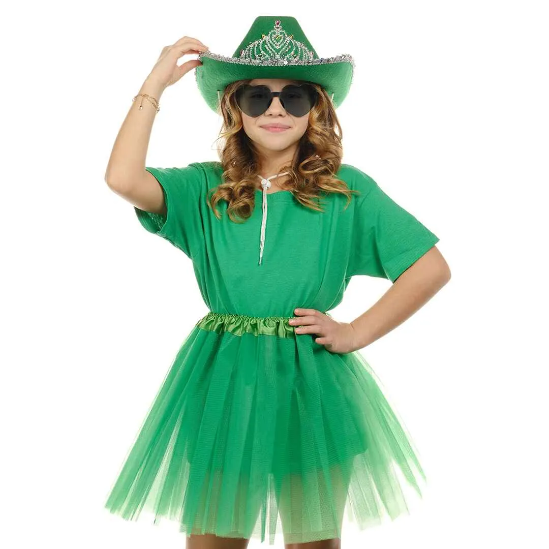 Green Cowgirl Hat with Heart Glasses - Green Cowboy Hat with Tiara Crown - FUNCREDIBLE