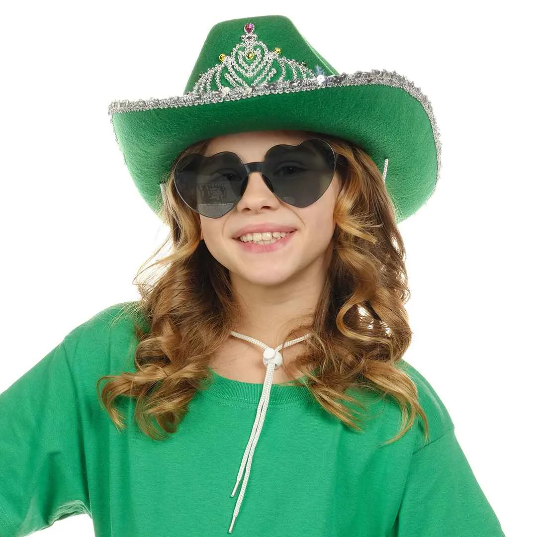 Green Cowgirl Hat with Heart Glasses - Green Cowboy Hat with Tiara Crown - FUNCREDIBLE