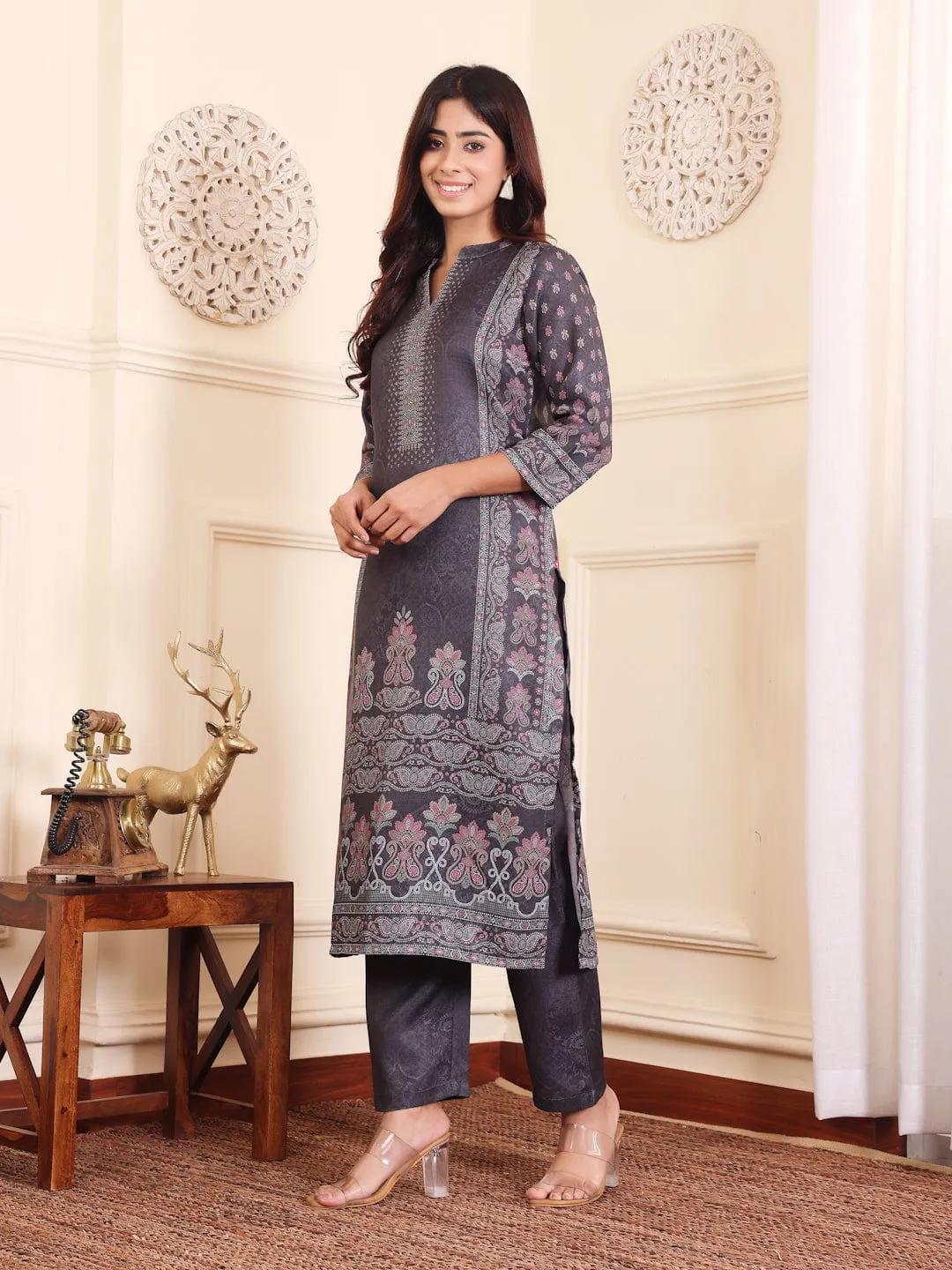 Grey Wool Blend Ethnic Print Suit Set with Wool Dupatta