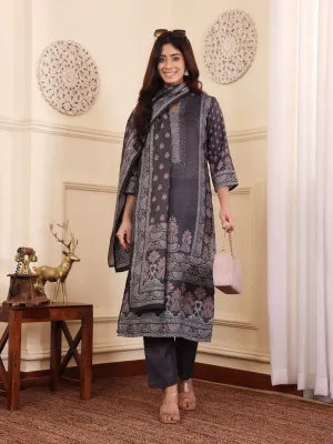 Grey Wool Blend Ethnic Print Suit Set with Wool Dupatta