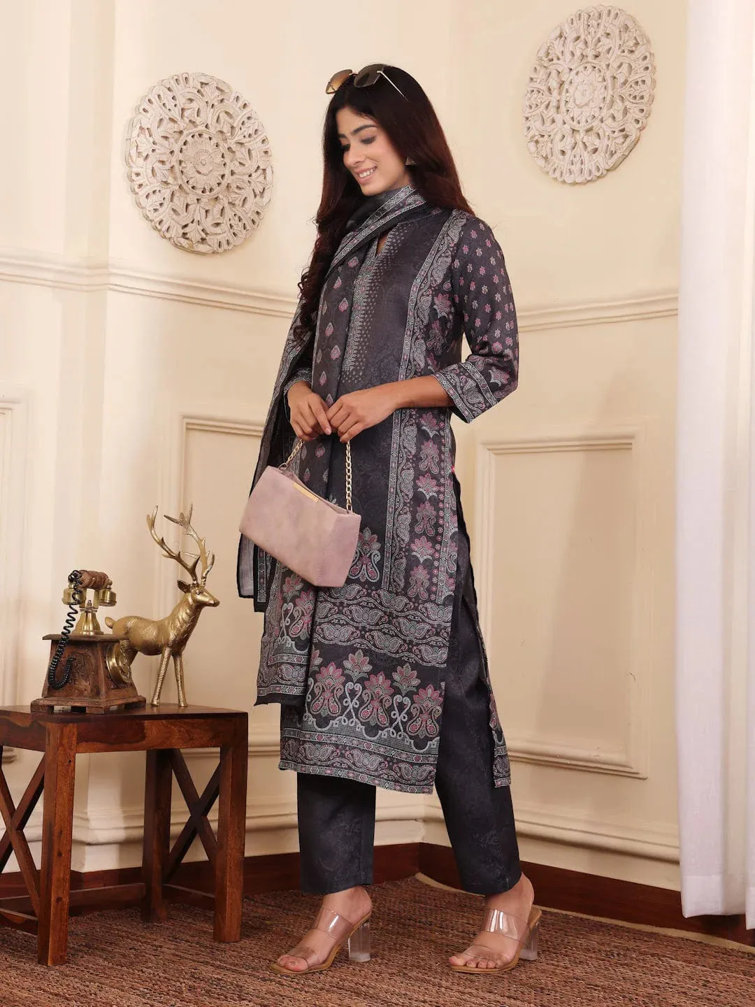 Grey Wool Blend Ethnic Print Suit Set with Wool Dupatta