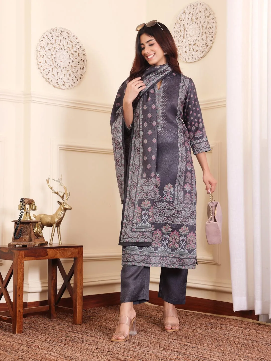 Grey Wool Blend Ethnic Print Suit Set with Wool Dupatta