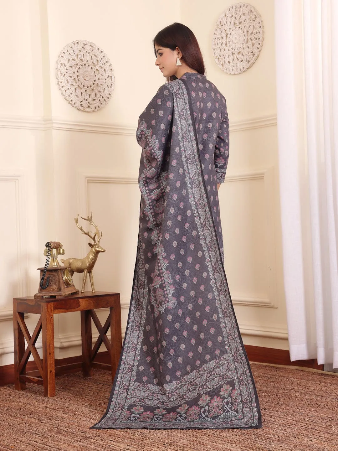 Grey Wool Blend Ethnic Print Suit Set with Wool Dupatta