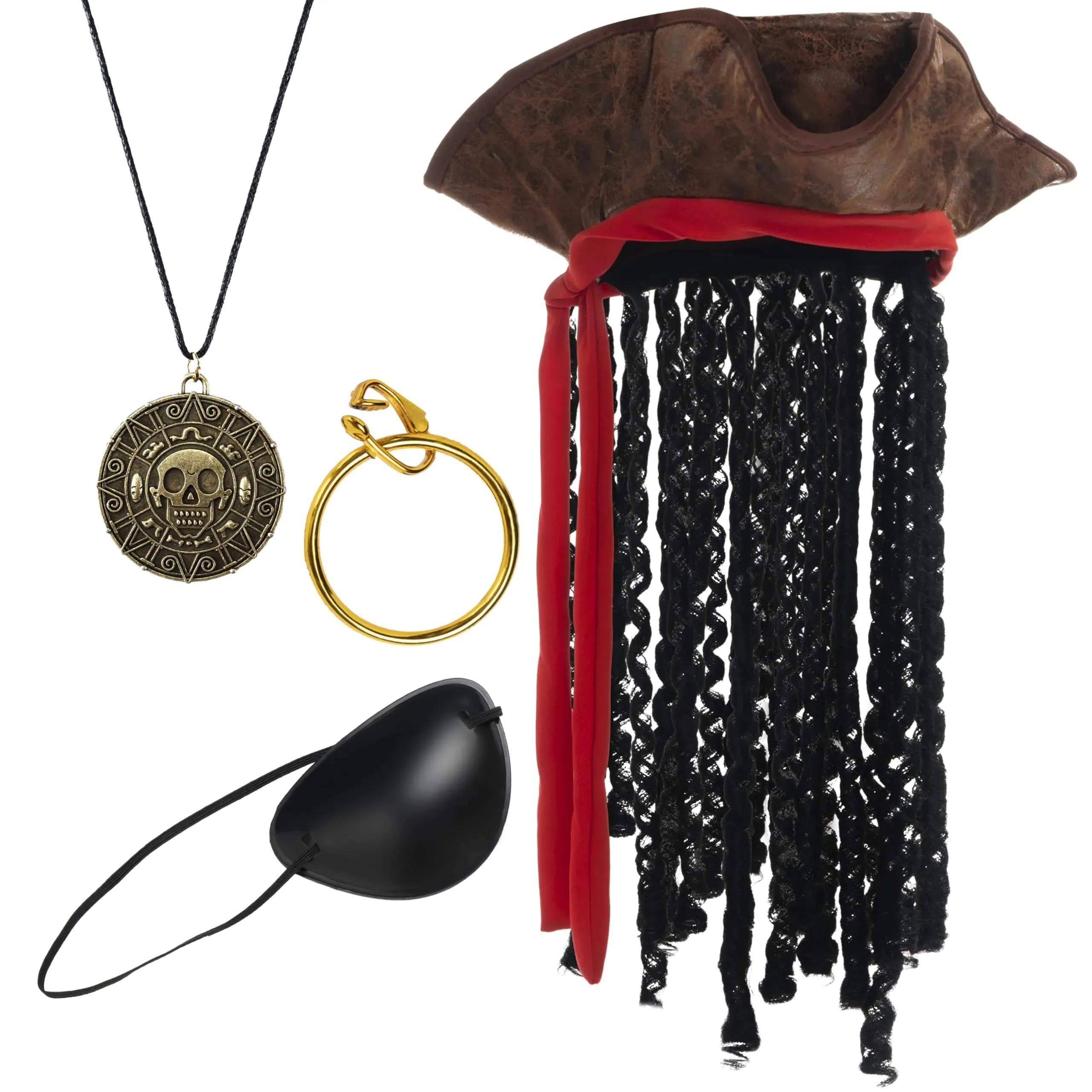 Halloween Deluxe Pirate Hat with Dreadlocks, Eye Patch, Earring, Necklace, Tricorn Pirate Hat for Men