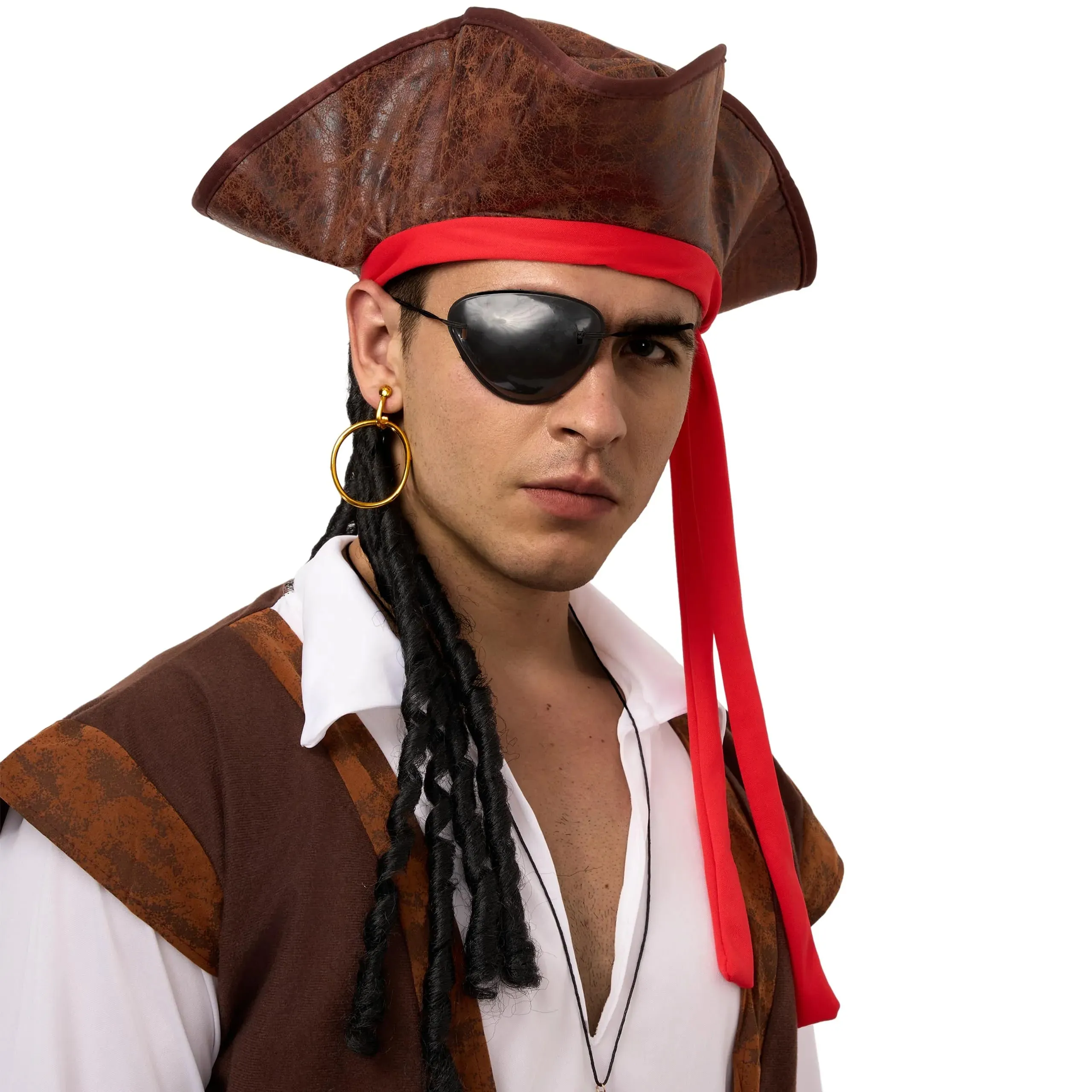 Halloween Deluxe Pirate Hat with Dreadlocks, Eye Patch, Earring, Necklace, Tricorn Pirate Hat for Men