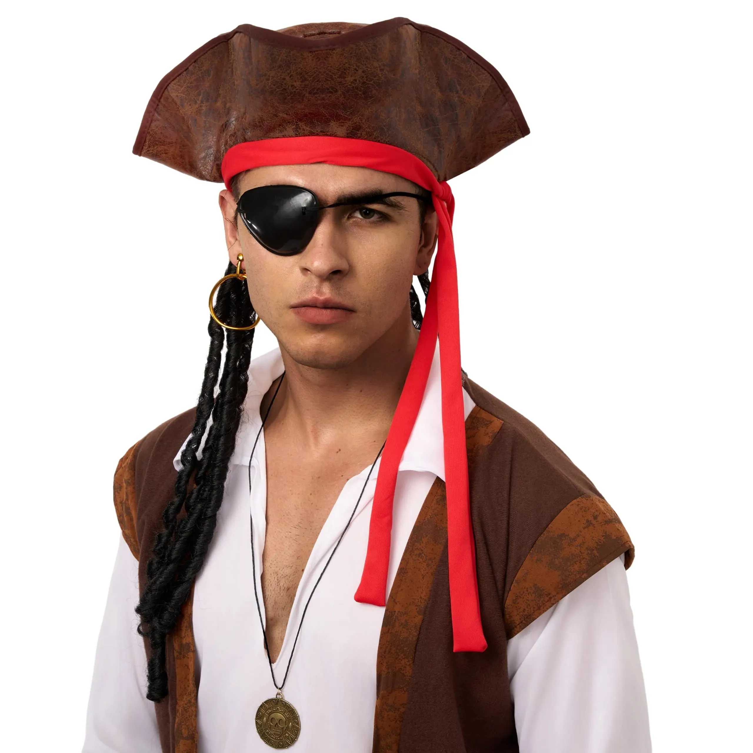 Halloween Deluxe Pirate Hat with Dreadlocks, Eye Patch, Earring, Necklace, Tricorn Pirate Hat for Men