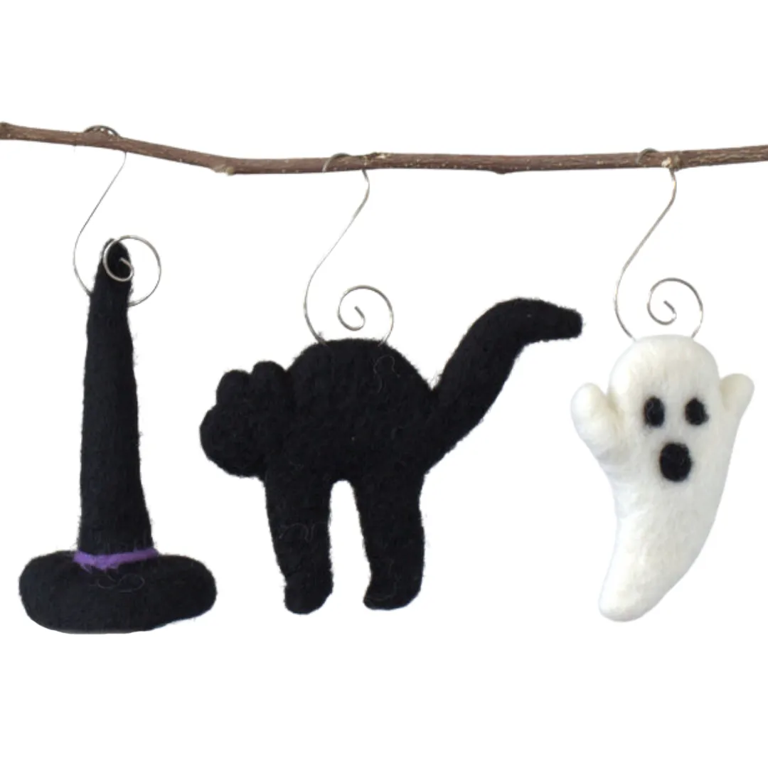 Halloween Ornament Set- Ghost, Cat, Witch Hat