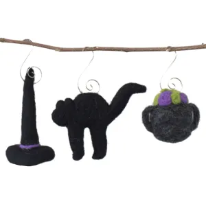 Halloween Ornament Set- Witch, Black Cat, Cauldron