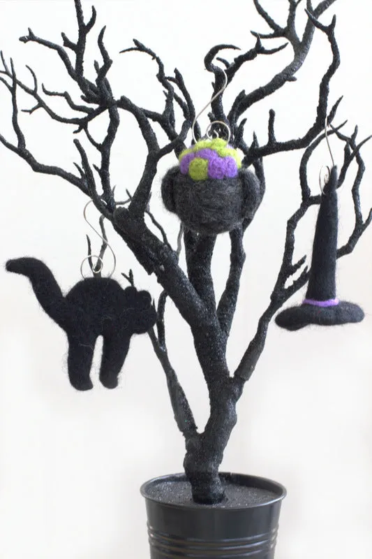 Halloween Ornament Set- Witch, Black Cat, Cauldron