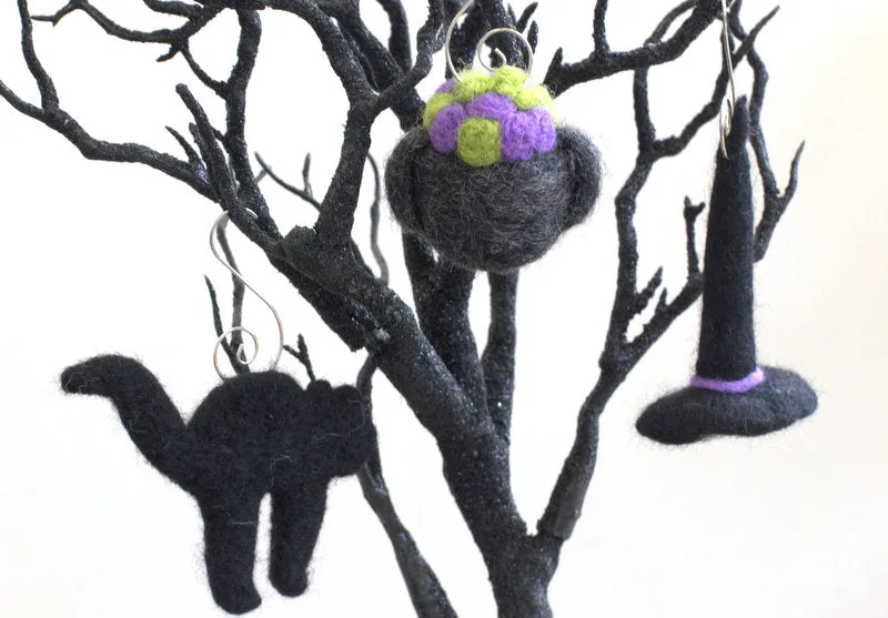 Halloween Ornament Set- Witch, Black Cat, Cauldron