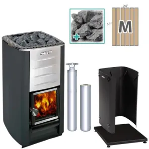 Harvia M3 Wood-Burning Stove Stainless Steel Package with Medium SaunaLife Barrel Floor