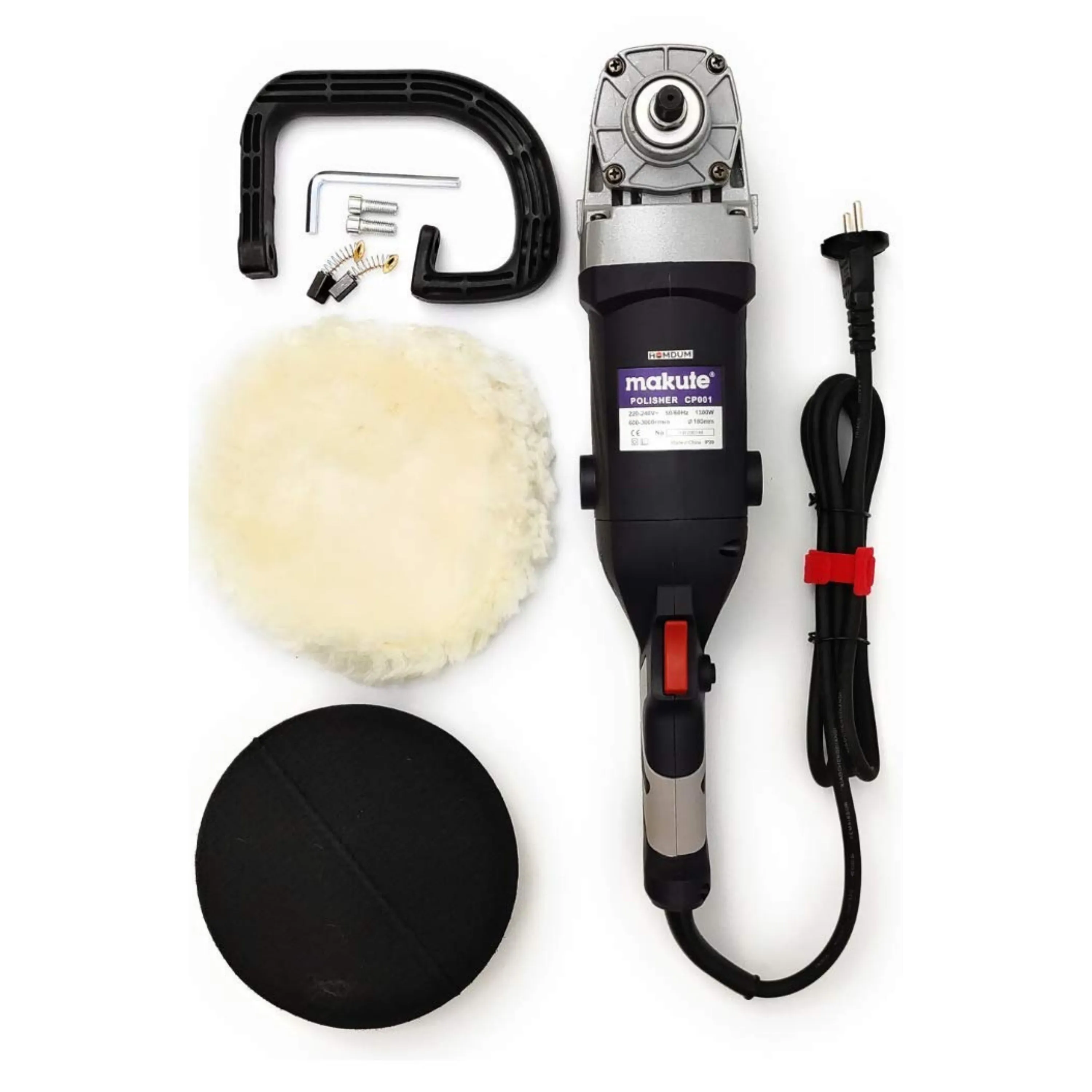 Homdum 7inch car polisher machine professional (Black) 1300W buffing grinder 180mm with Backup Pad and Wool Pad Tool for cleaning & paint scratch Buffing Double Insulated with Speed Control.