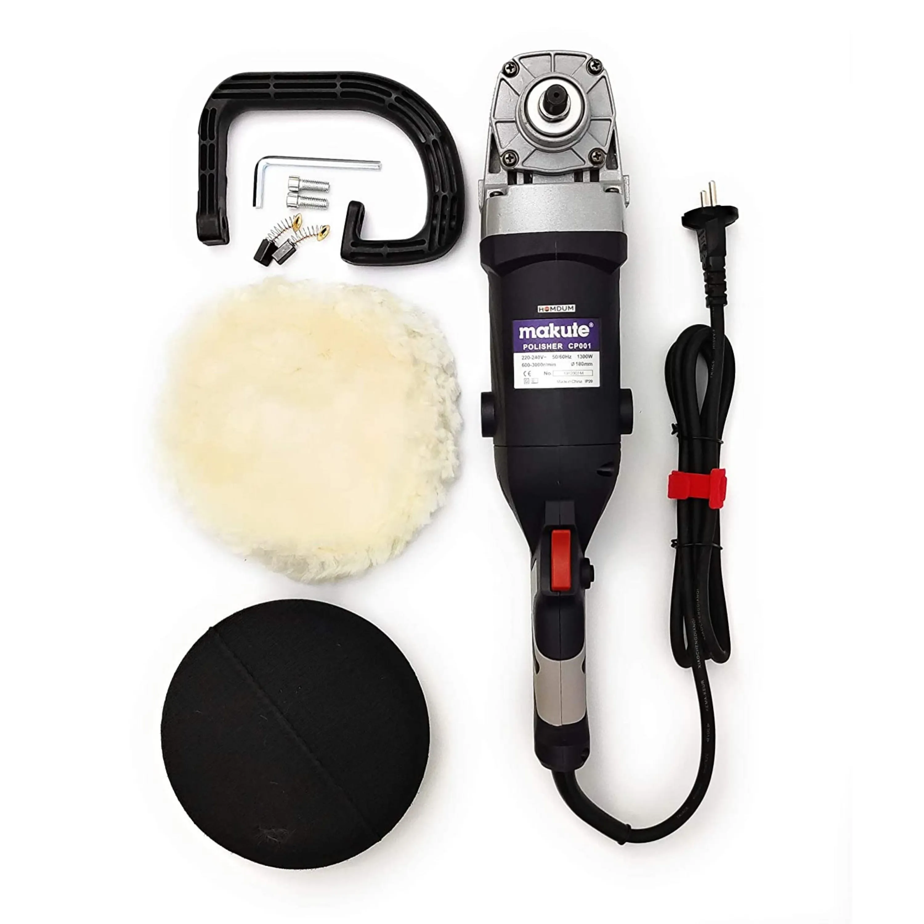 Homdum 7inch car polisher machine professional (Black) 1300W buffing grinder 180mm with Backup Pad and Wool Pad Tool for cleaning & paint scratch Buffing Double Insulated with Speed Control.