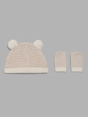 HOP Baby Pink Striped Pom Pom Beanie with Paw Mitten Set