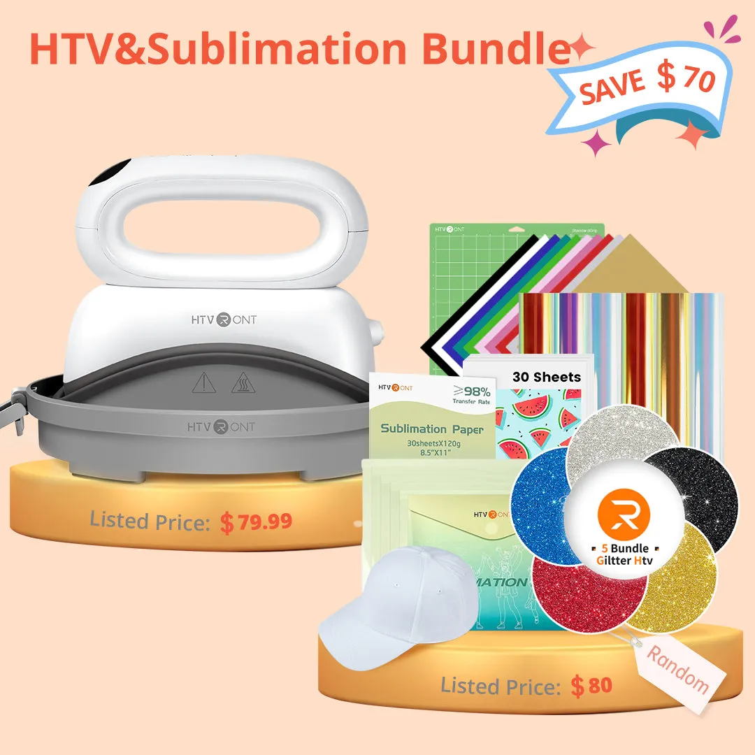 [HTV&Sublimation Bundle]HTVRONT Hat Heat Press Machine HTV&Sublimation Bundle  (Glitter HTV*5 HTV*10 Holographic HTV*6 Sublimation paper*30 Sublimation HTV*5 Baseball Cap Blank Cutting Mat≥80＄)