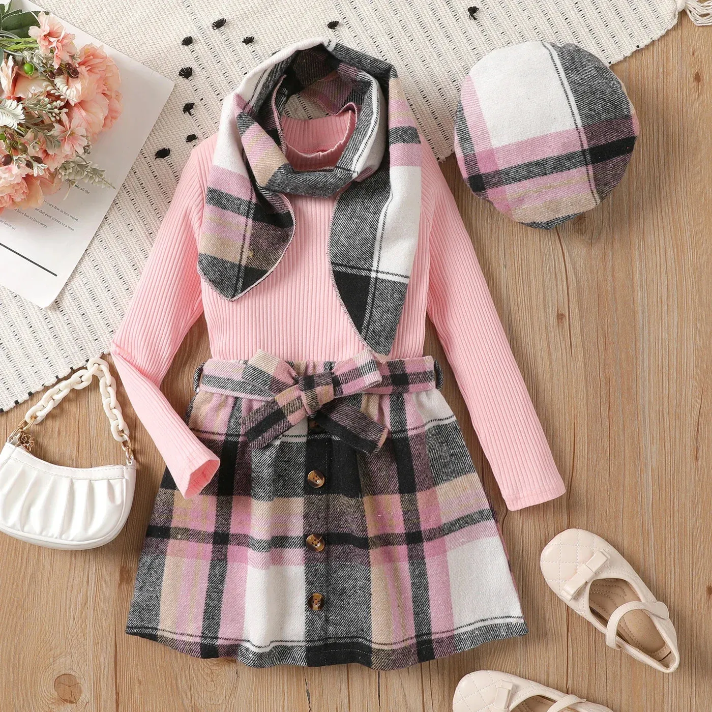 Kid Girl 95% Cotton Ribbed Solid Long-sleeve Top and Plaid Belted Skirt & Hat & Scarf Set  Grid/houndstooth 4pcs