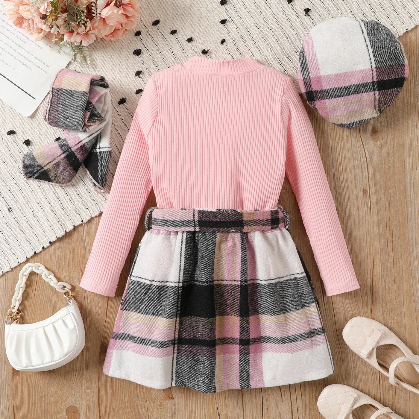 Kid Girl 95% Cotton Ribbed Solid Long-sleeve Top and Plaid Belted Skirt & Hat & Scarf Set  Grid/houndstooth 4pcs