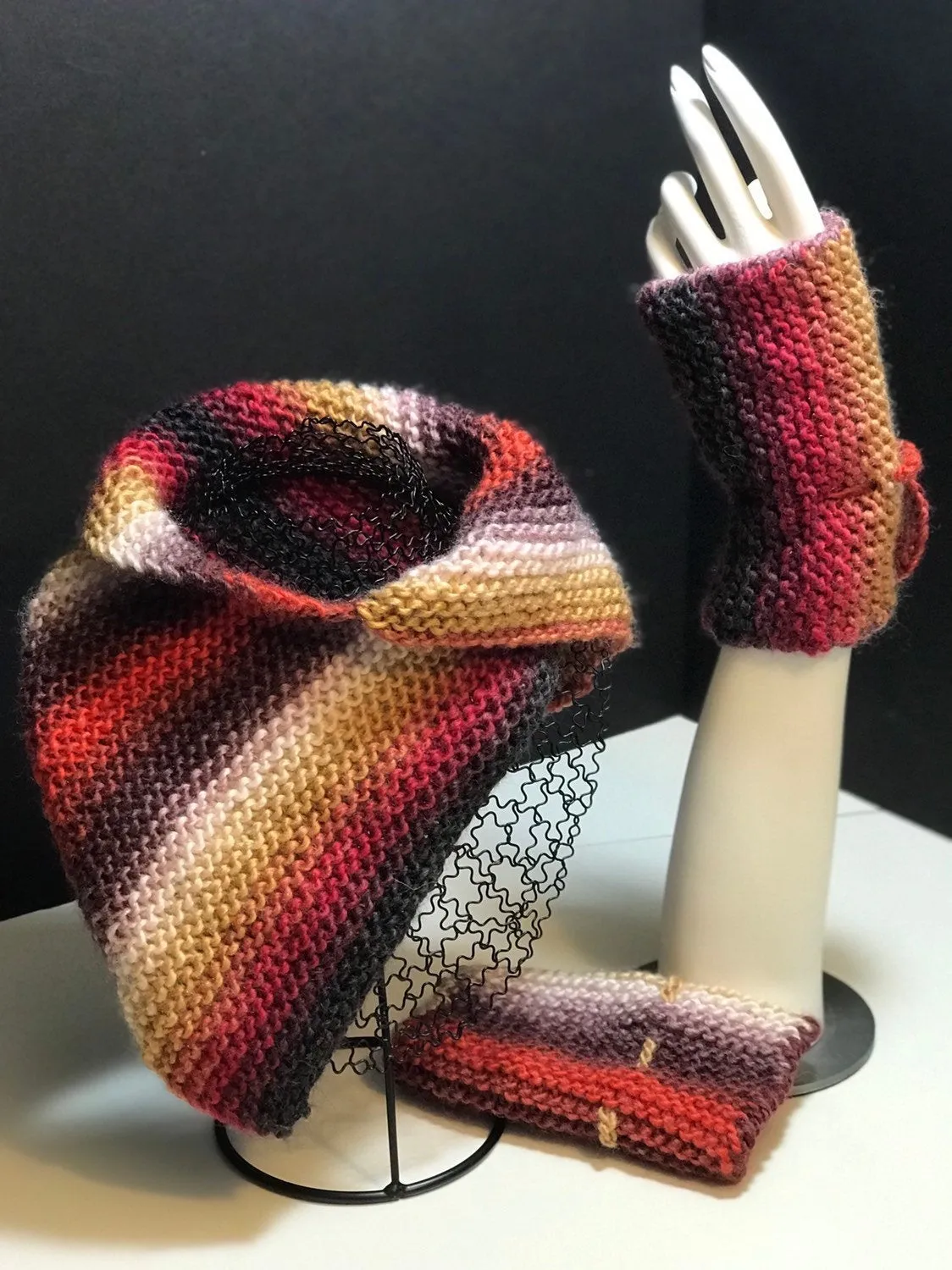 Knitted Scarf and Mittens for Women, Scarf and Fingerless Gloves Set in Red and Brown Color