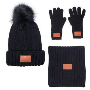 Leeman - 3-Piece Rib Knit Fur Pom Winter Set