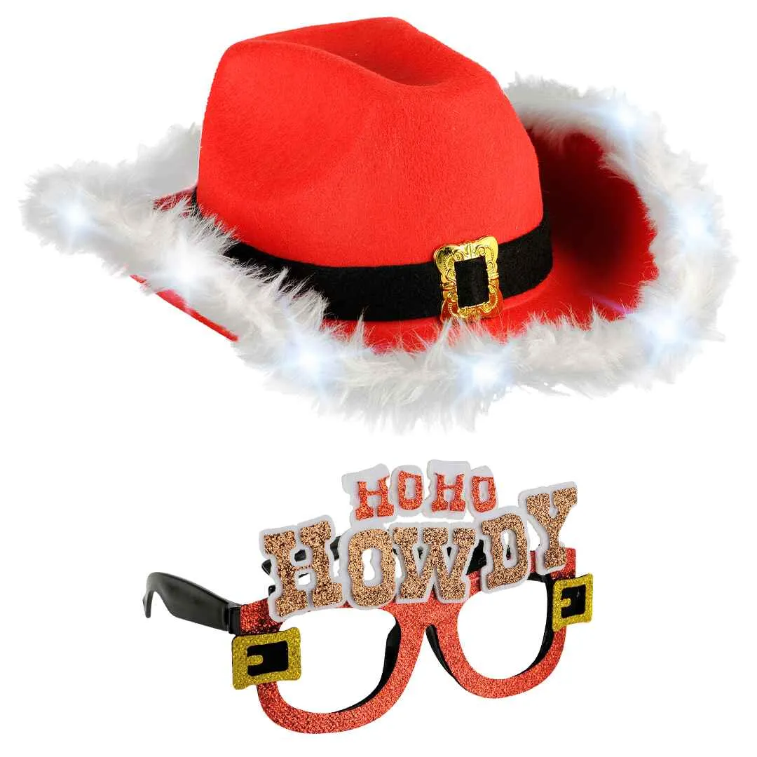 Light Up Christmas Cowgirl Hat for Women with Glasses - Festive Red and White Hat - FUNCREDIBLE