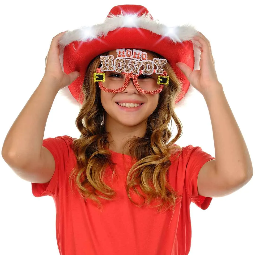 Light Up Christmas Cowgirl Hat for Women with Glasses - Festive Red and White Hat - FUNCREDIBLE