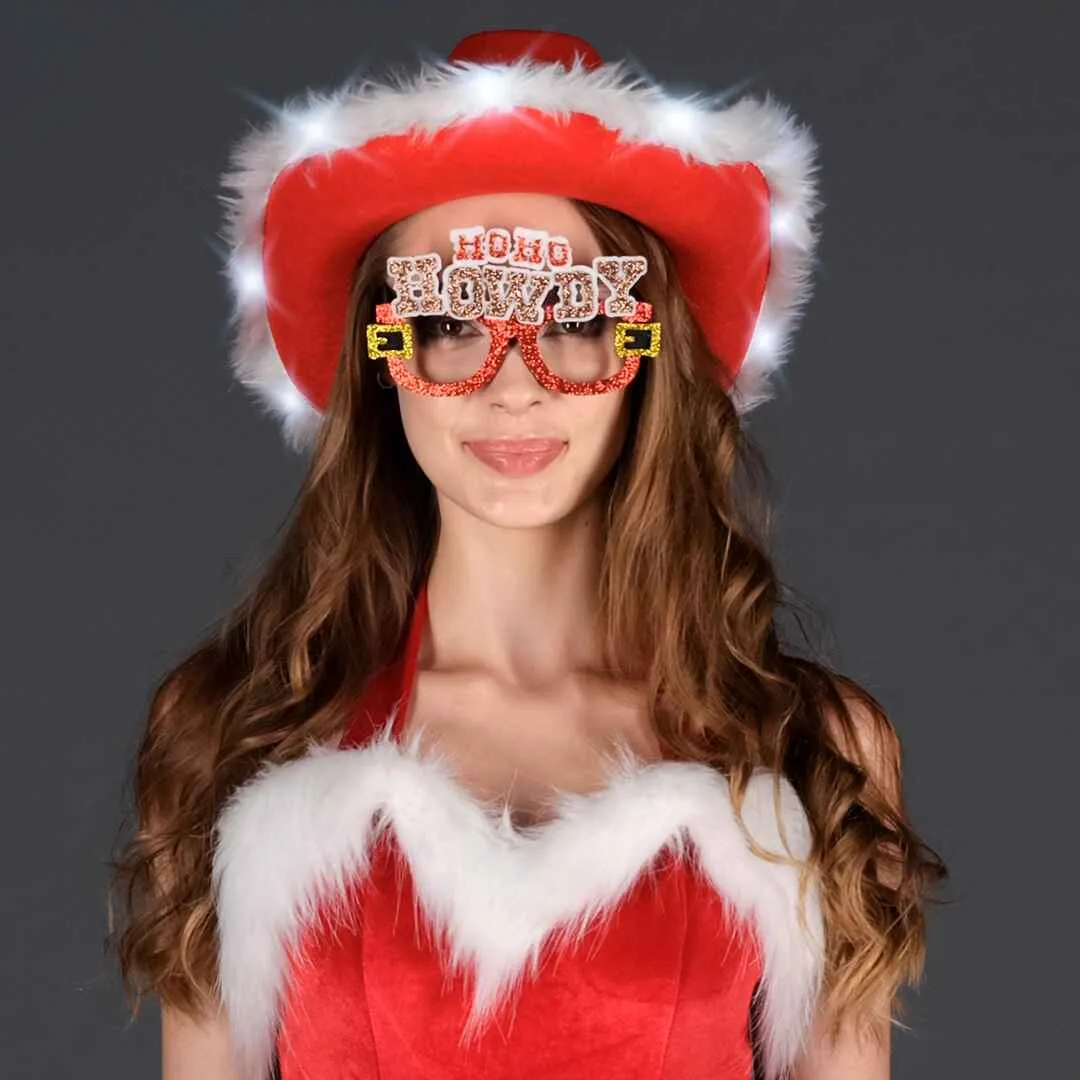 Light Up Christmas Cowgirl Hat for Women with Glasses - Festive Red and White Hat - FUNCREDIBLE