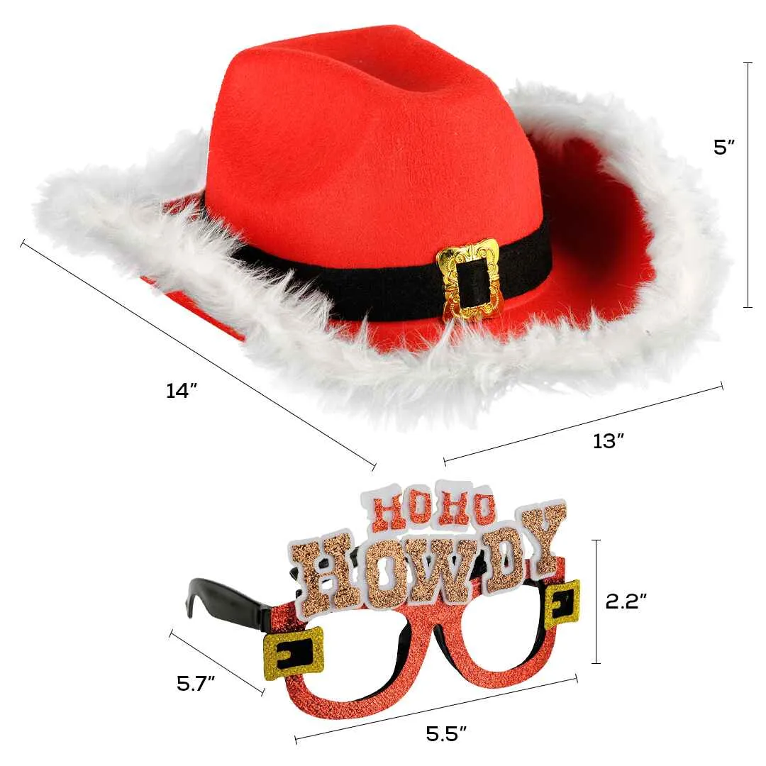 Light Up Christmas Cowgirl Hat for Women with Glasses - Festive Red and White Hat - FUNCREDIBLE