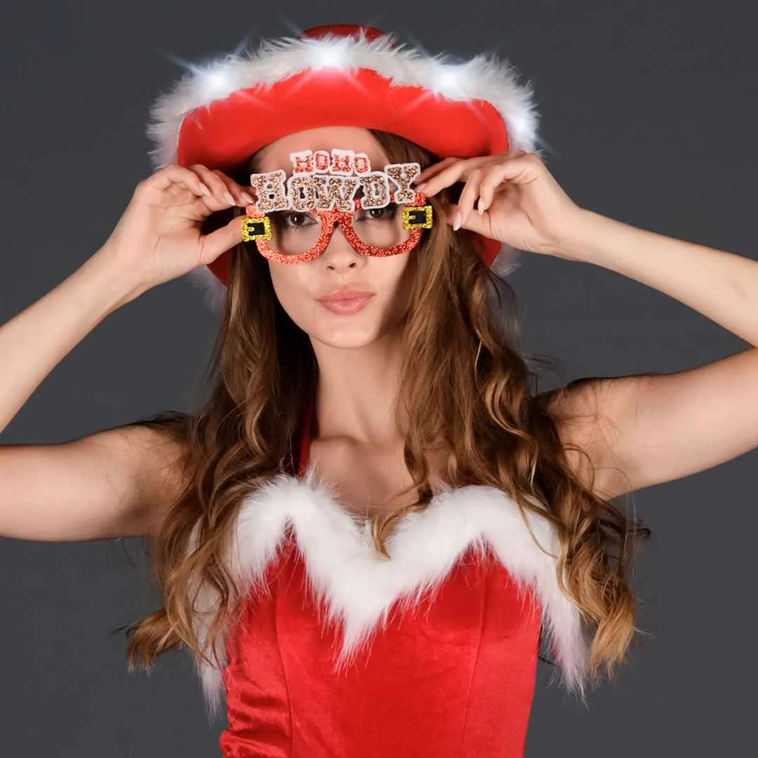 Light Up Christmas Cowgirl Hat for Women with Glasses - Festive Red and White Hat - FUNCREDIBLE