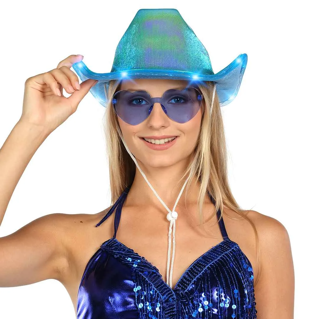 Light Up Cowboy Hat for Women - Blue Holographic  Space Cowgirl Hat with Glasses - FUNCREDIBLE